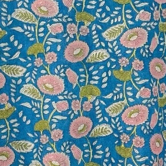 Natural Life Size M Boho 70s Block Print Button Down Shirt Blue Floral Vines - Picture 2 of 9